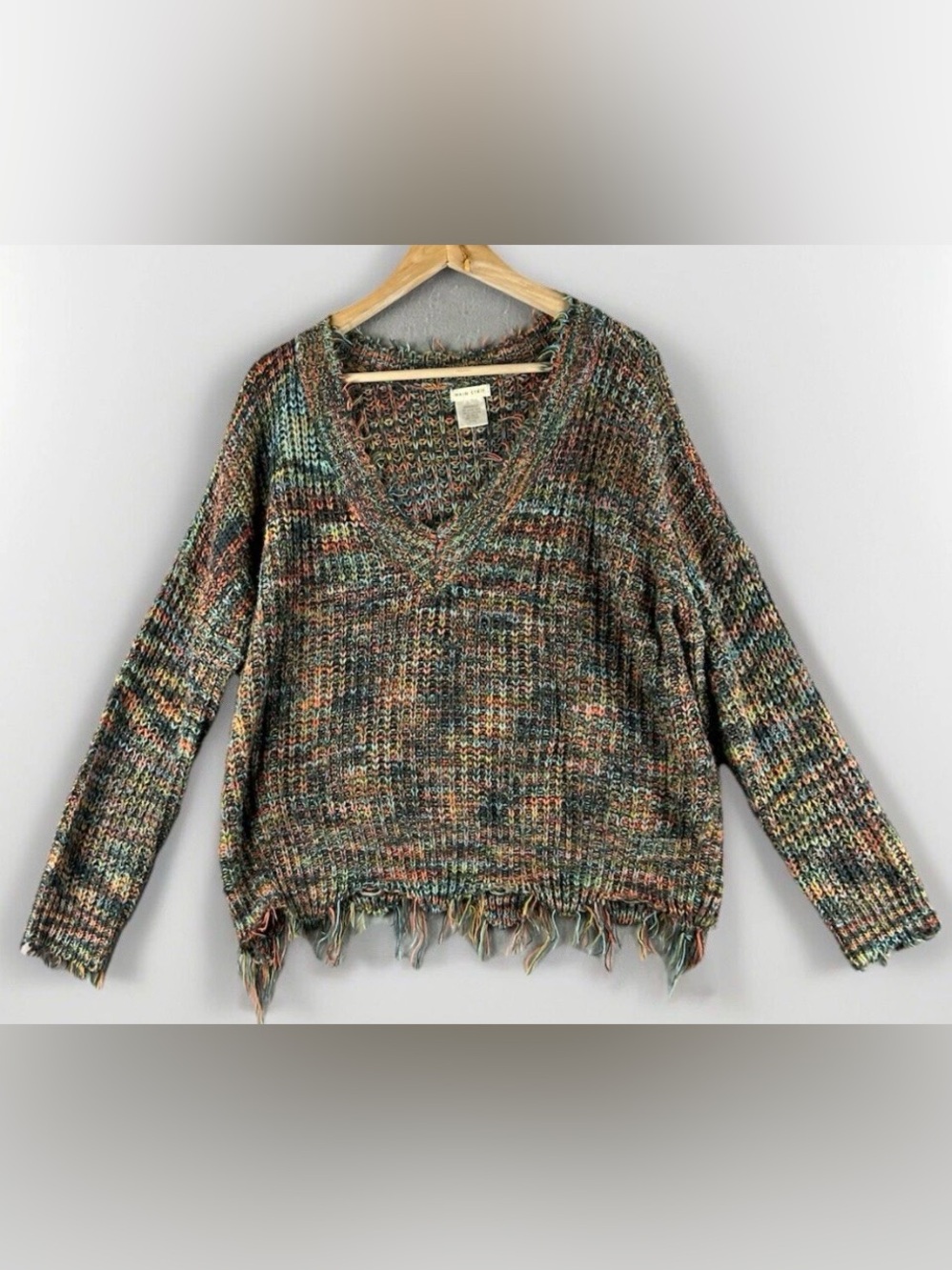 Main Strip Multicolor V-Neck Fringe Knit Sweater in Green, Brown & Blue